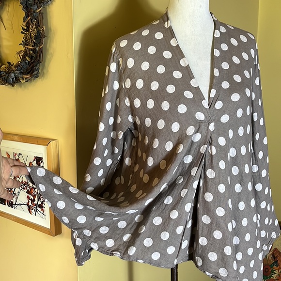 ITALY 100% Linen Trapeeze Blouse Polka Dots Gray & White - Picture 4 of 13